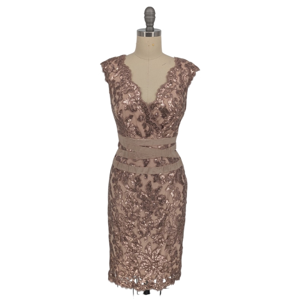 00695 Tadashi Lace Sequin Sheath Dress Gold size 2 cocktail part evening wedding